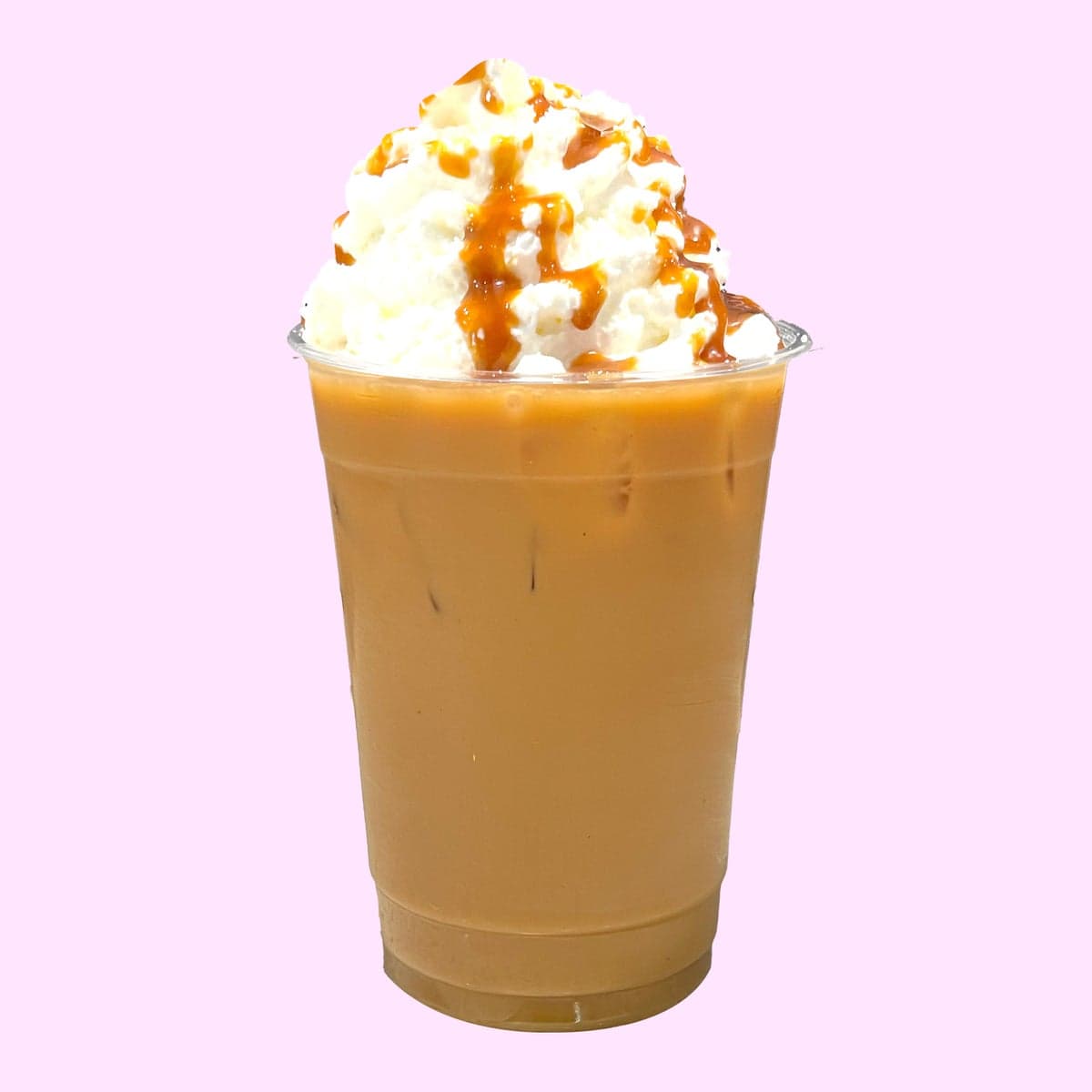 An iced dulce de leche latte topped with whipped cream and caramel
