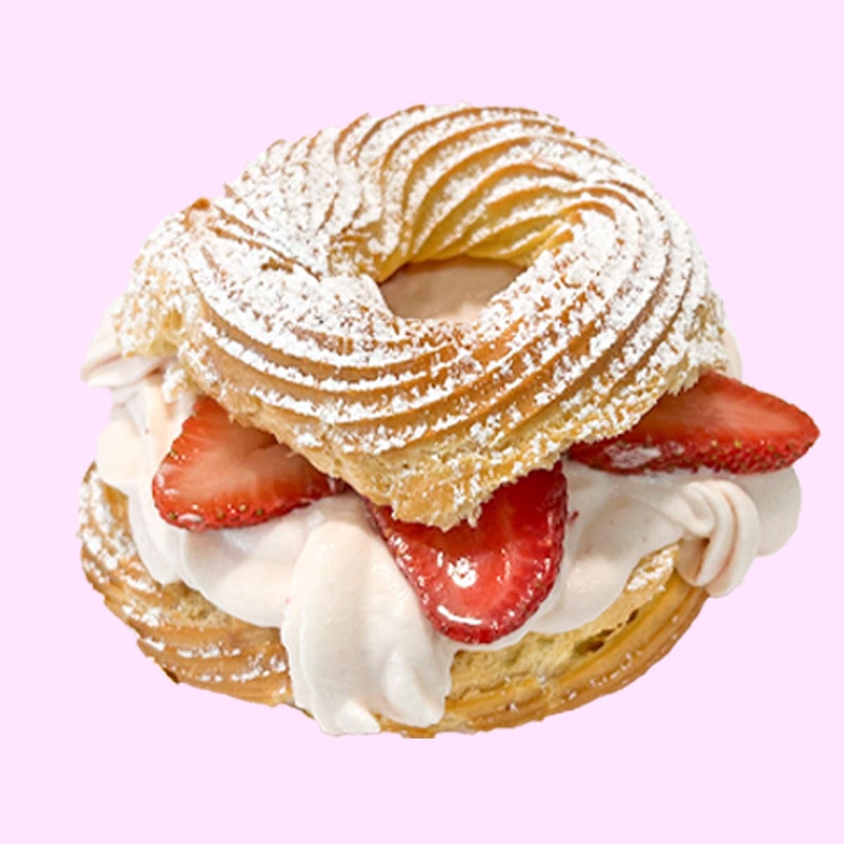 A strawberry Paris Brest layered with chantilly cream and fresh strawberries