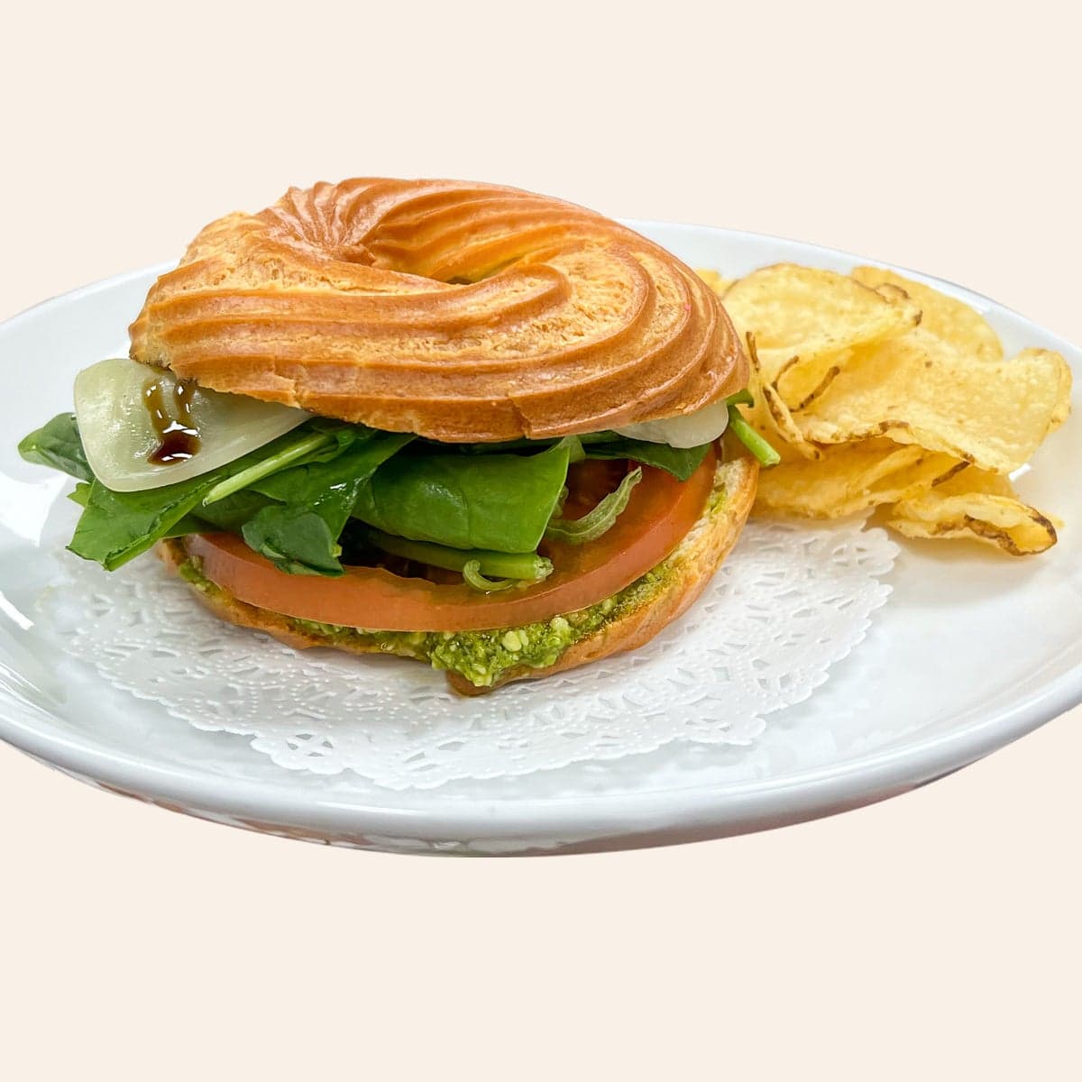 A choux pastry ring split and filled as a caprese sandwich